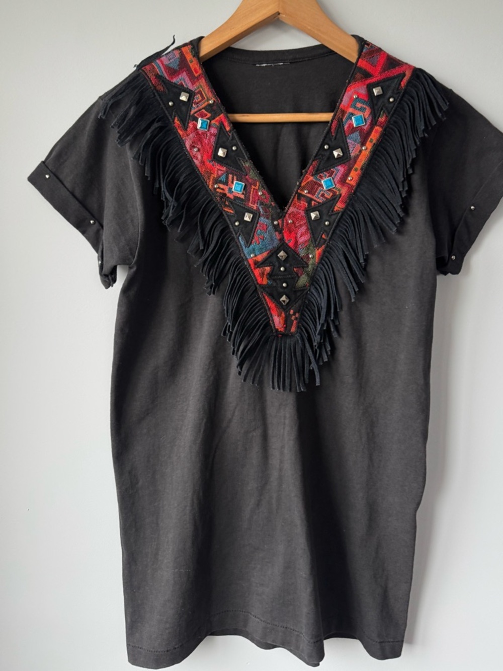 (S/M) Black Fringe V-Neck Embroidered Women’s Top